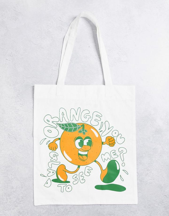 Asos Design Retro Canvas Tote Bag With Orange Design In Neutral