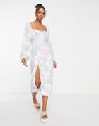 Missguided Milkmaid Midaxi Dress With Balloon Sleeves In Green Floral
