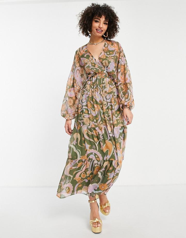 Asos Design Soft Tiered Maxi Dress In 70s Print-multi
