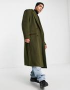 Asos Design Extreme Oversized Longline Wool Mix Textured Coat In Khaki-green