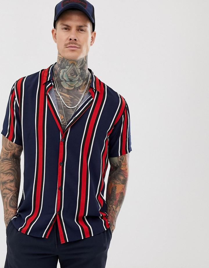 Bershka Short Sleeve Stripe Shirt In Navy - Navy