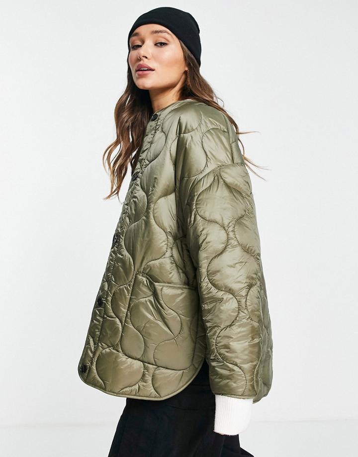 Mango Diamond Quilted Button Front Coat In Khaki-green