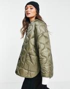 Mango Diamond Quilted Button Front Coat In Khaki-green