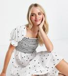 Influence Petite Ruched Front Tiered Midi Dress In White Polka Dot