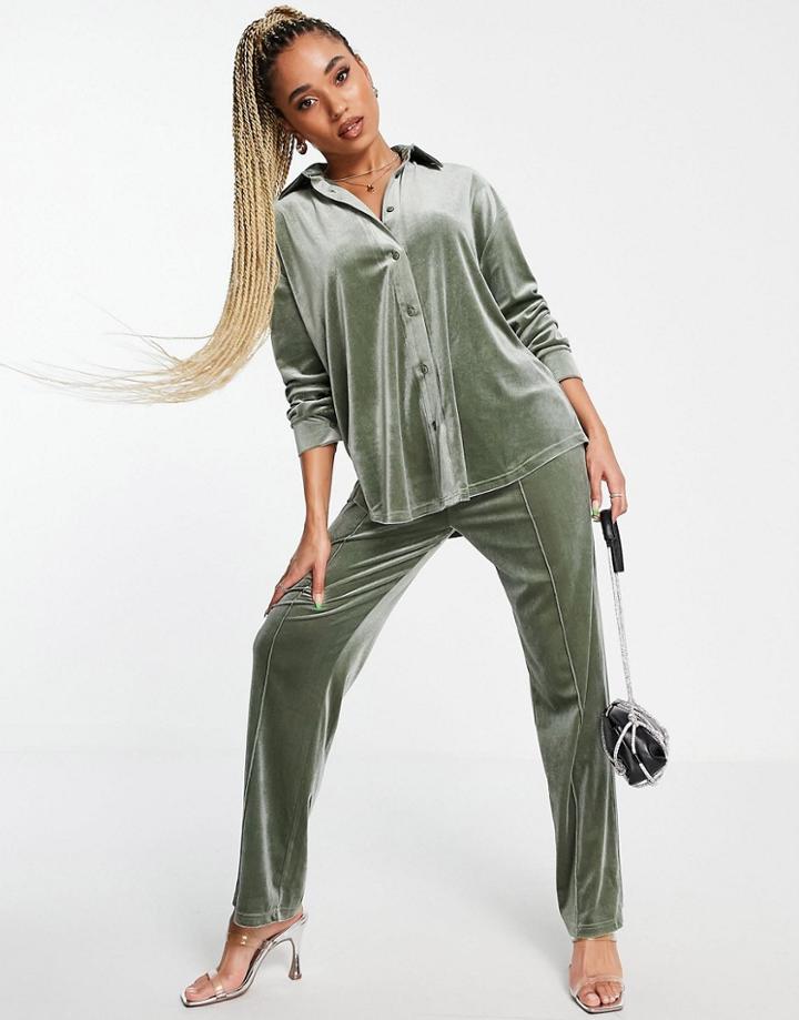 Asos Design Velvet Suit Shirt In Khaki-green