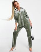 Asos Design Velvet Suit Shirt In Khaki-green