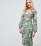 Influence Tall Midi Floral Dress With Button Detail - Green