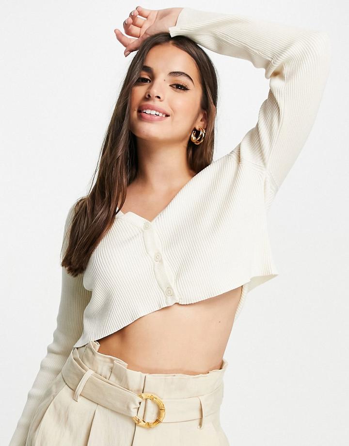 Pull & Bear Cropped Button Front Cardigan In Ecru-neutral