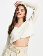Pull & Bear Cropped Button Front Cardigan In Ecru-neutral