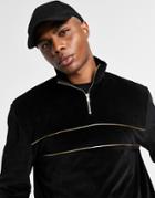 Asos Design Velour Sweatshirt With Half Zip In Black With Gold Details