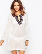 Echo Caftan With Embroidered Pom Pom Bib - White
