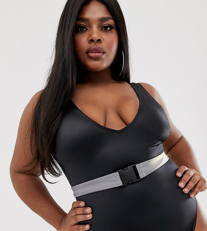 Asos Design Curve V Front Swimsuit In Shiny Black With Reflective Buckle Belt - Black