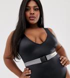 Asos Design Curve V Front Swimsuit In Shiny Black With Reflective Buckle Belt - Black