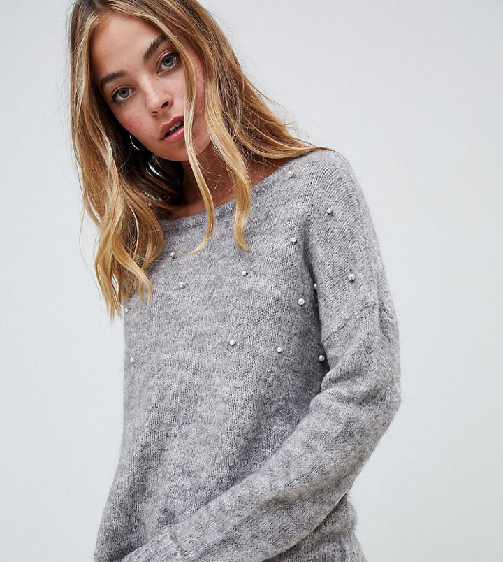 Brave Soul Petite Sweater With Pearl Embellishment - Gray