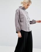 Zacro Blouse With Ruffle Collar And Statement Sleeve - Gray