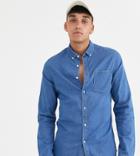 Asos Design Tall Stretch Slim Organic Denim Shirt In Mid Wash