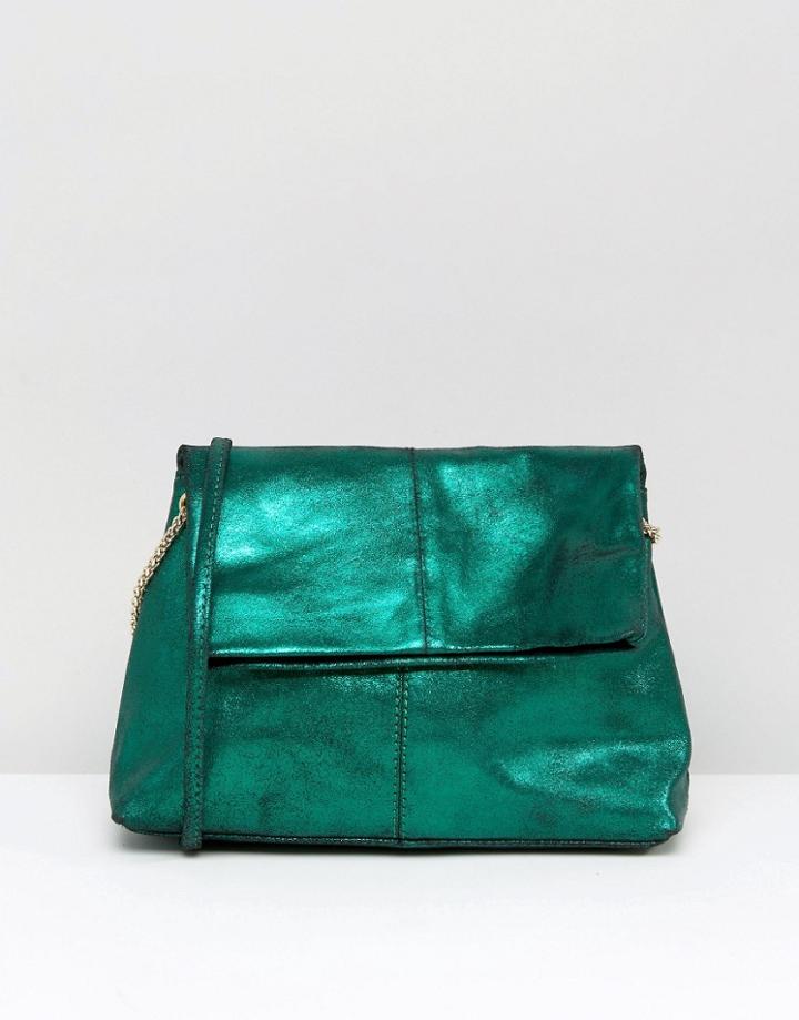 Asos Leather Metallic Foldover Cross Body Bag With Chain Detail - Gree