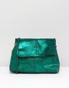 Asos Leather Metallic Foldover Cross Body Bag With Chain Detail - Gree
