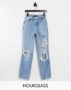 Asos Design Hourglass Mid Rise '90s' Straight Leg Jean In Lightwash With Extreme Rips-blues