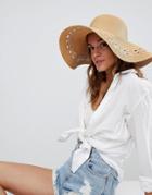 Asos Straw Wide Rim Floppy Hat With Open Weave Insert And Size Adjuster - Brown