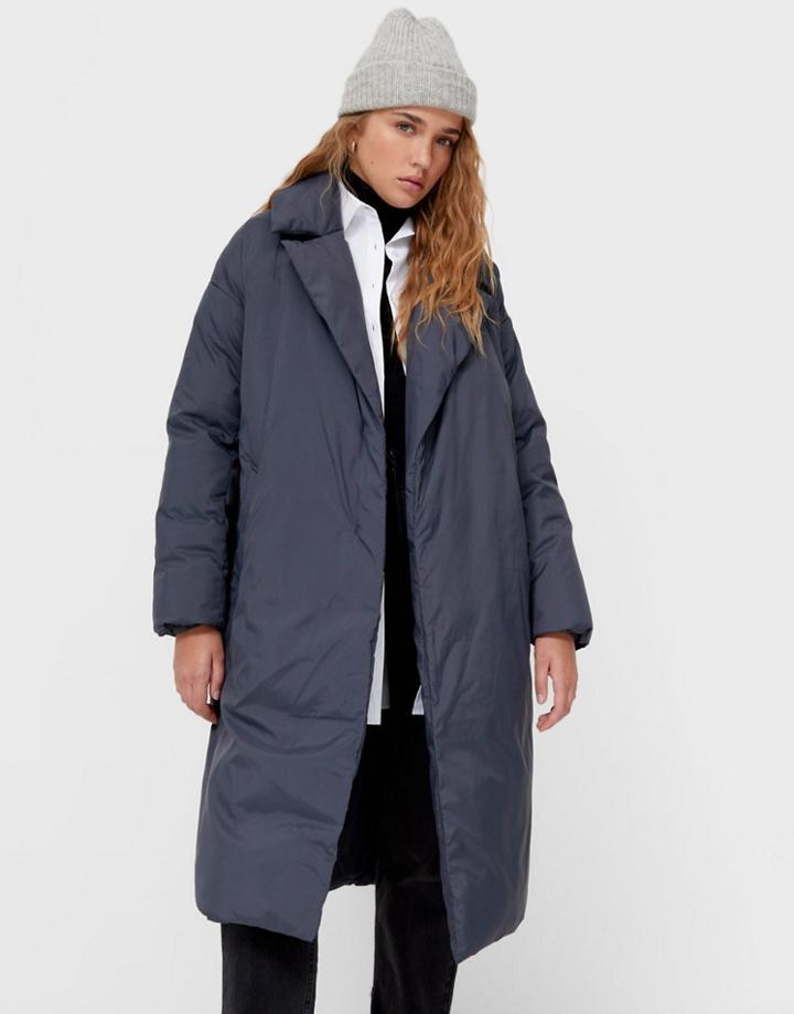 Stradivarius Longline Padded Coat With Belt In Dark Gray-grey