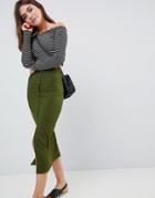 Asos Design Rib Popper Midi Skirt - Green