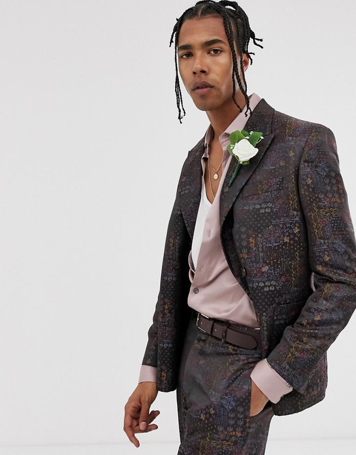 Asos Design Wedding Boxy Double Breasted Suit Jacket In Maroon Jacquard - Black