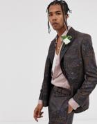Asos Design Wedding Boxy Double Breasted Suit Jacket In Maroon Jacquard - Black
