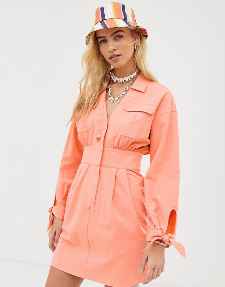 Asos Design Washed Utility Mini Shirt Dress - Orange