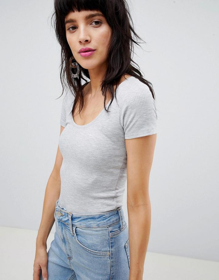 Stradivarius Ballerina Neck Jersey Ribbed Crop Top Plain - Gray