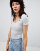 Stradivarius Ballerina Neck Jersey Ribbed Crop Top Plain - Gray