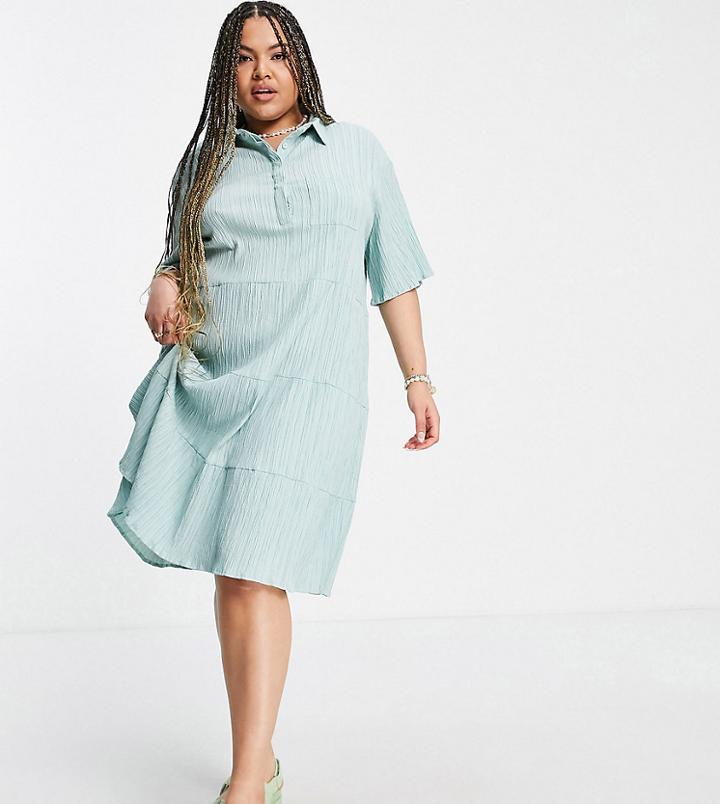Lola May Plus Mini Smock Shirt Dress In Mint-green