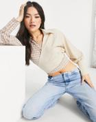Missguided Tie Front Crop Shirt In Cream Check-white