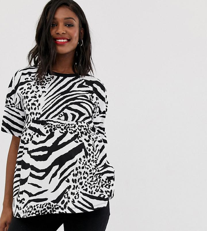 Asos Design Maternity Smock Top In Mono Mixed Animal - Black