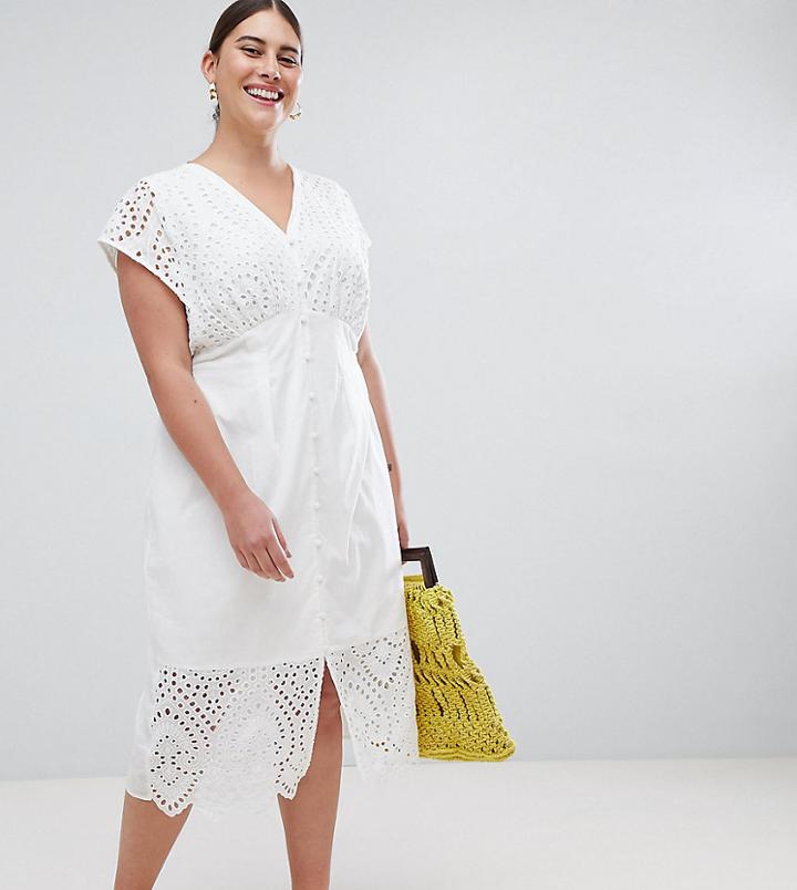 Lost Ink Plus Button Front Midi Dress With Broderie Details - White