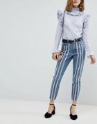 Lost Ink Raw Hem Slim Mom Jeans With Pearl Trims - Blue