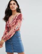 Mink Pink Printed Crop Top With Blousen Sleeves - Multi
