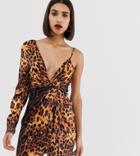 Prettylittlething Asymmetric Sleeve Mini Dress In Leopard Print - Multi