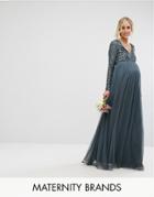 Maya Maternity Plunge Front Long Sleeve Maxi Dress In Tonal Delicate Sequin And Tulle Skirt - Blue