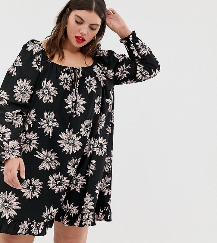 Collusion Plus Off The Shoulder Floral Swing Dress - Black