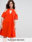 Pink Clove Cold Shoulder Swing Dress With Key Hole - Orange