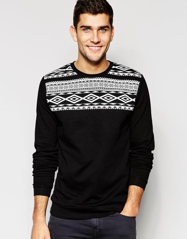 Asos Sweatshirt With Aztec Print In Black - Black