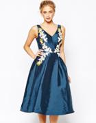 Chi Chi London Full Prom Midi Dress With Embrodery At Waist - Navy