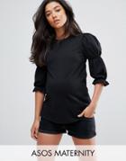 Asos Maternity Top With Double Puff Sleeve Detail - Black