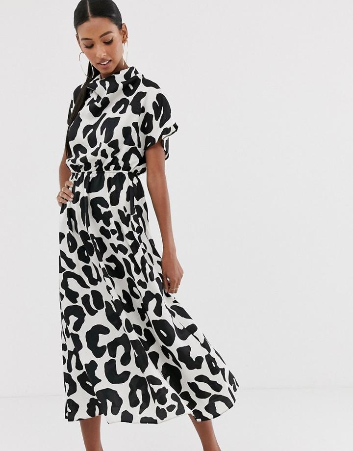 Asos Design High Neck Midi Dress In Mono Animal Print - Multi