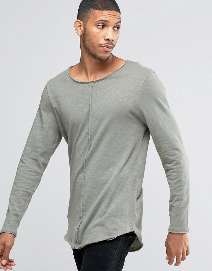 Asos Slub Super Longline Long Sleeve T-shirt With Raw Seam Detail And Curve Hem In Green - Green