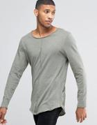 Asos Slub Super Longline Long Sleeve T-shirt With Raw Seam Detail And Curve Hem In Green - Green