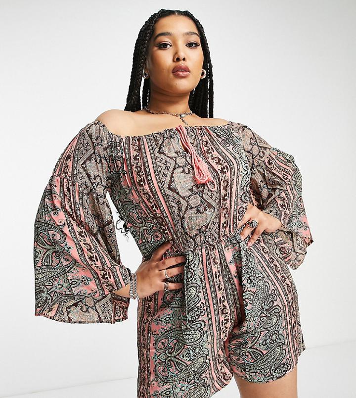 Violet Romance Plus Off Shoulder Romper In Mixed Paisley Print-multi
