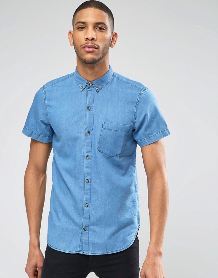 Pull & Bear Denim Shirt In Mid Wash Blue In Regular Fit - Blue