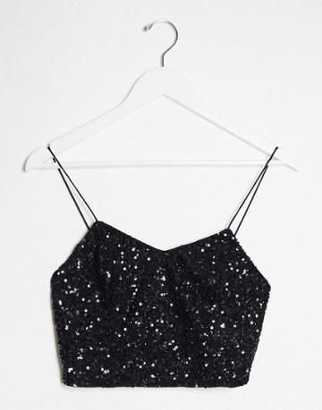 Alice & Olivia Jeans Archer Cropped Sequin Cami Top In Black